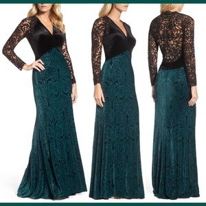 NEW Tadashi Shoji V-Neck‎ Velvet & Illusion Gown in Black/Forest [PLUS 18W ]